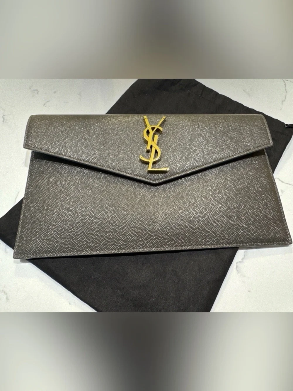 Yves Saint Laurent YSL Uptown Medium Pouch Pebble Leather Envelope Clutch Gray